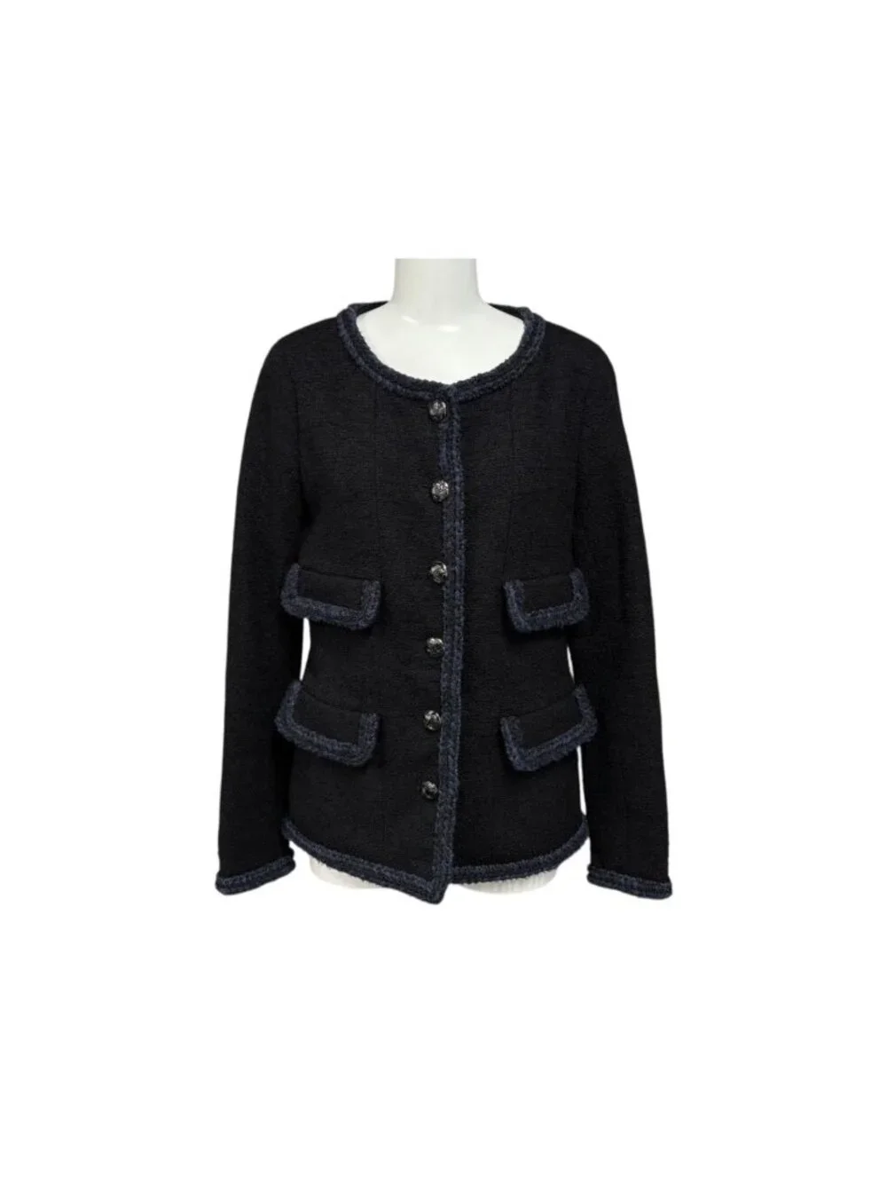 Chanel Tweed Jacket Sailor Color CC Logo Black White 36